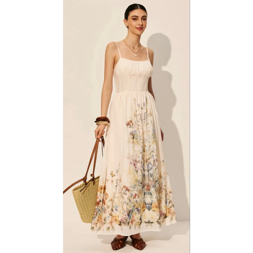 NWT COMMENSE Beige Floral Print Square Neck Maxi Dress S - Picture 4 of 6